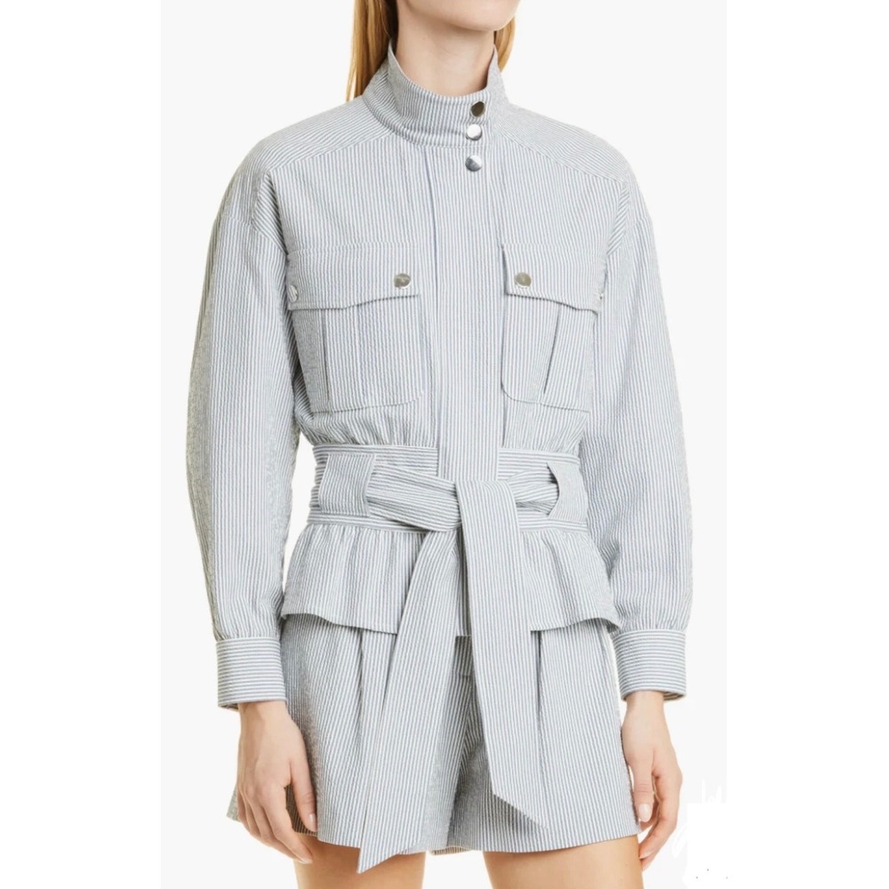 Veronica Beard York Jacket Blue White Seersucker Stripe Belted Utility Sz M EUC